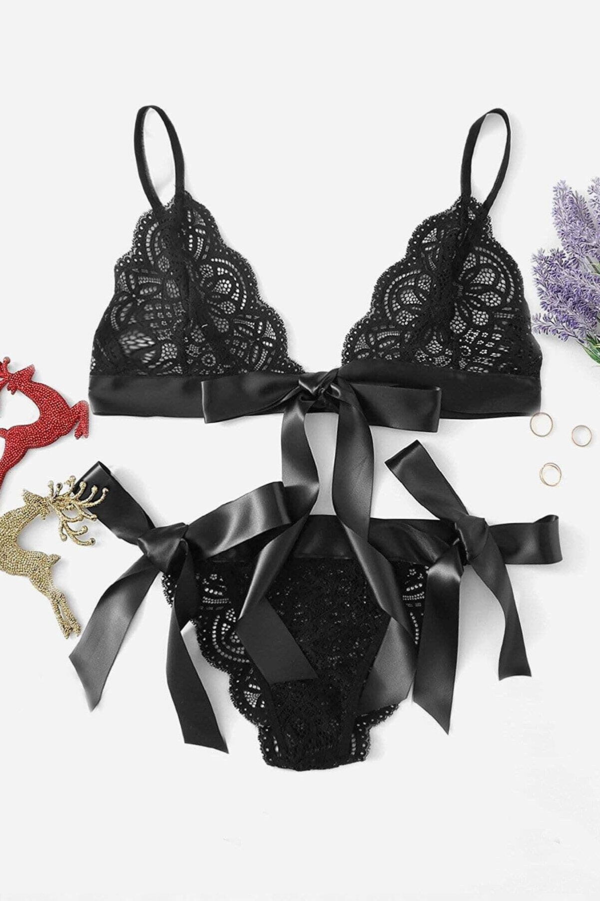 Kadın Siyah Kurdelalı Ve Dantelli Sütyen Külot Takımı