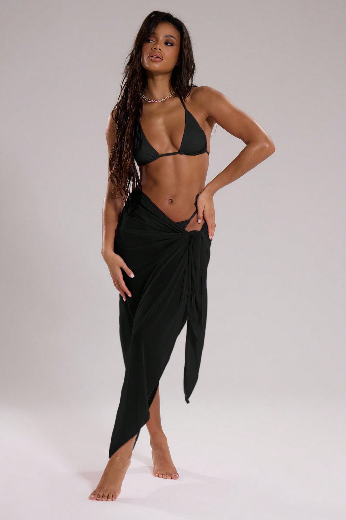 Kadın Siyah Bodrum Stili Bağlama Detaylı 150x75 Pareo