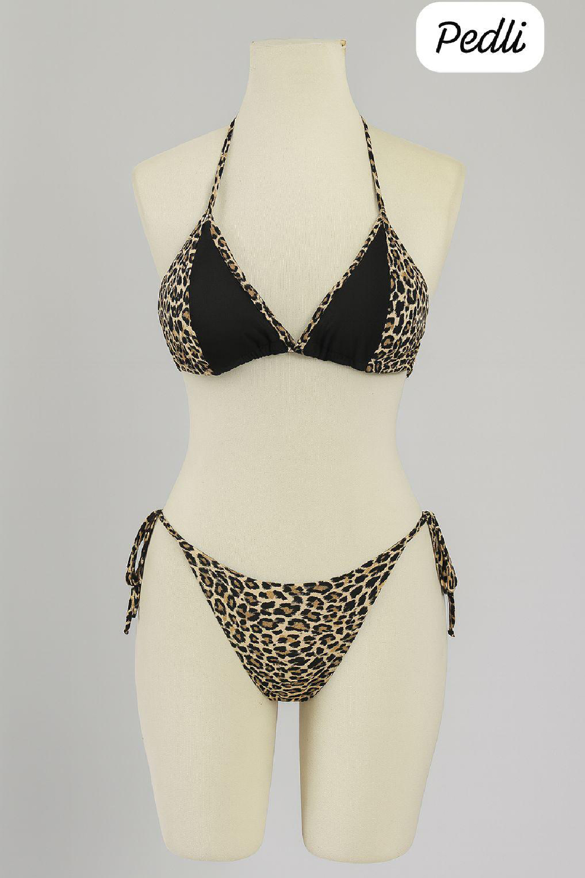 Kadın Siyah ve Leopar Detaylı Yandan Bağlamalı Bikini Takımı