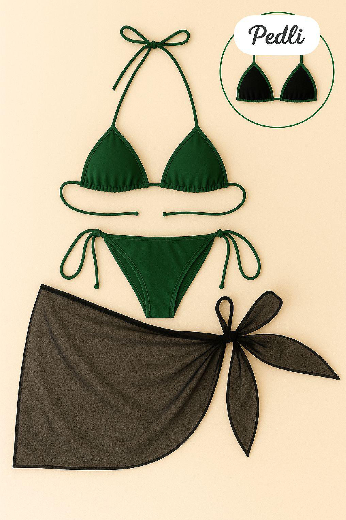 Kadın Yeşil Siyah Pareolu Yandan ve Boyundan Bağlamalı 3'lü Bikini Takımı