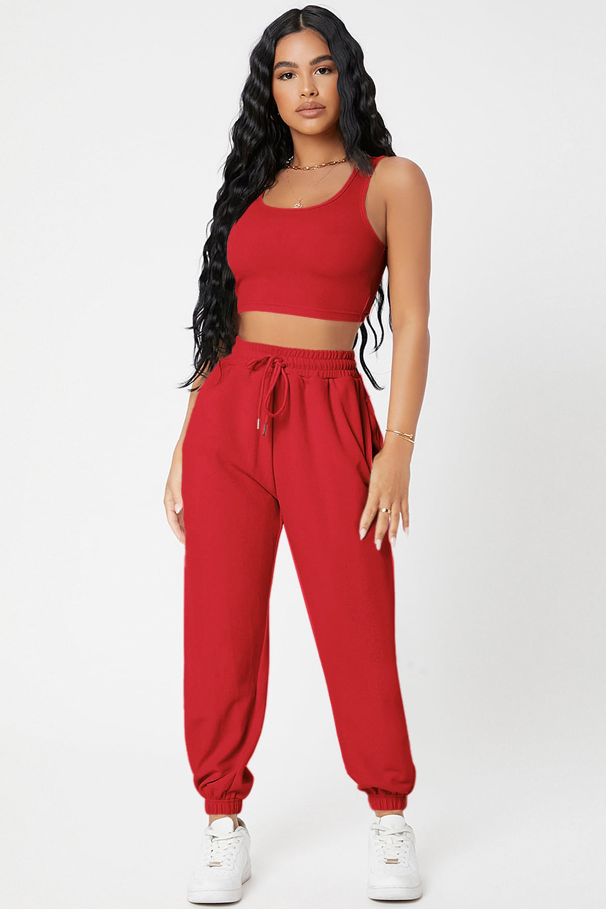 Kadın Kırmızı Kaşkorse Cepli Jogger Eşofman Altı ve Crop Top Bluz